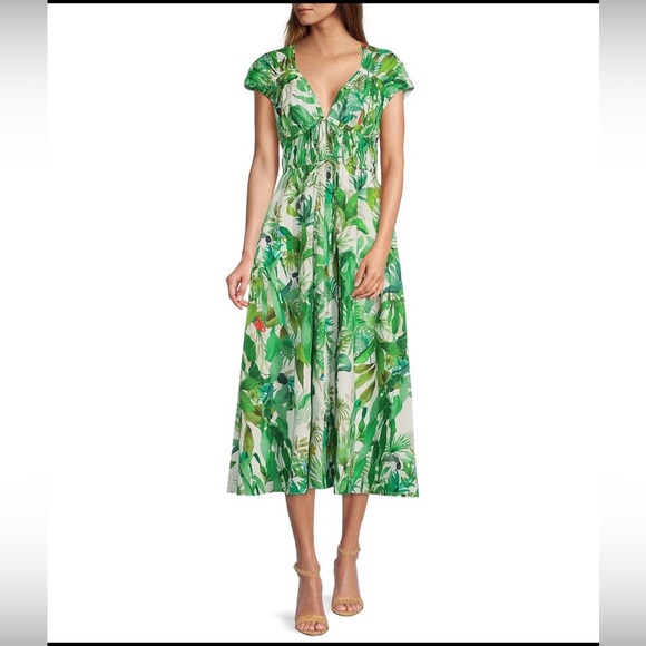 ANTONIO MELANI Dresses & Skirts - NWT Antonio Melani Victoria Tropical Print Poplin V-Neck Cap Sleeve Midi Dress